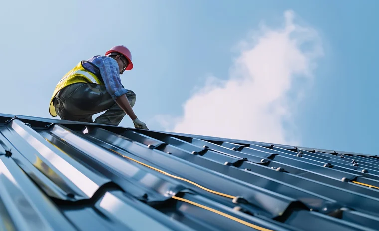 professional roofer installing metal roof on a roof photo 1